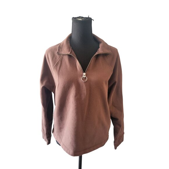 NWOT Madewell | Brown Ribbed Quarter Zip Sweatshirt Size Medium Casual 90s Y2K - Picture 1 of 10